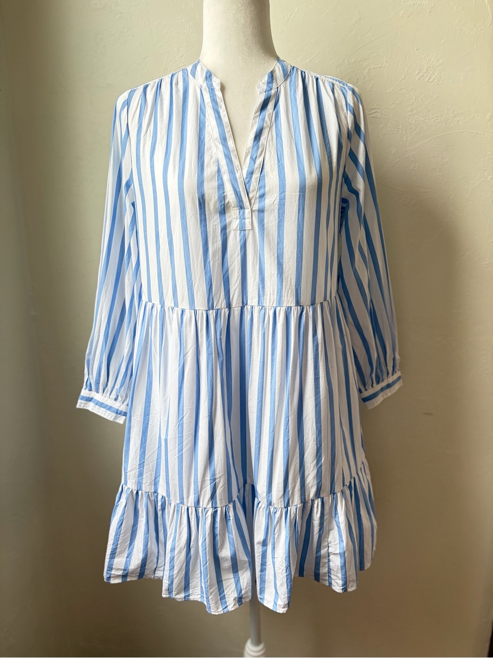 J. Crew Blue & White Striped Tiered V-Neck Mini Dress